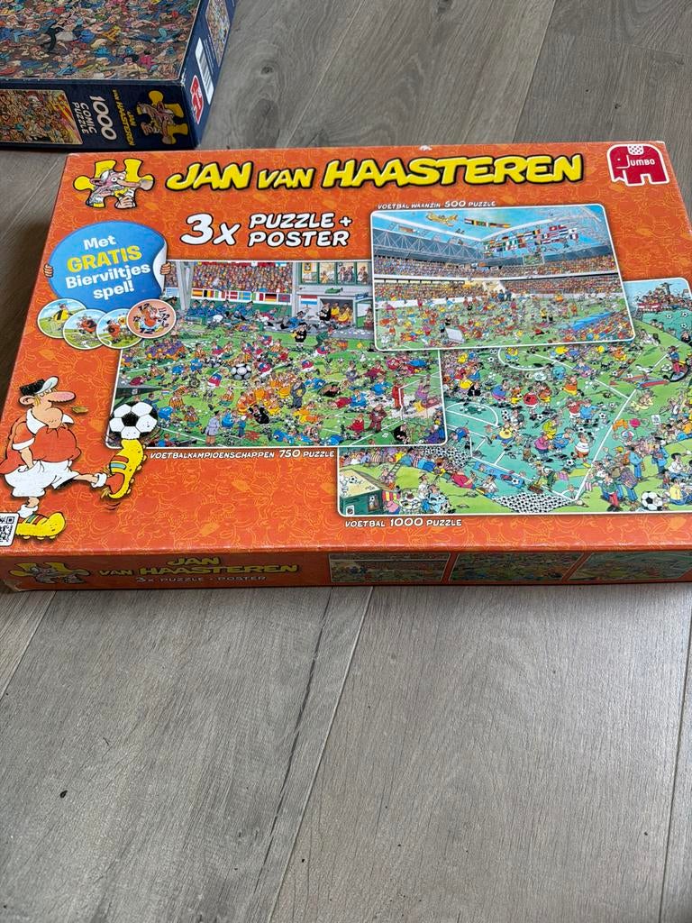 3 Jan van Haasteren puzzels voetbal, Ophalen of Verzenden, 500 t/m 1500 stukjes, Gebruikt, Legpuzzel