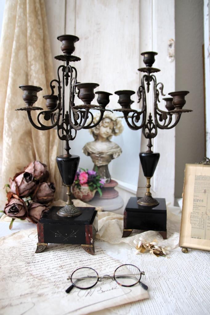 Oude kandelaars, schouw kandelaars brons marmer 'PiFrance', Ophalen of Verzenden