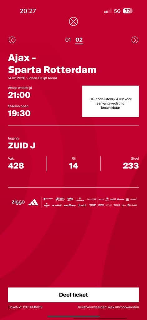 Ajax sparta rotterdam voetbal tickets, Tickets en Kaartjes, Twee personen, December