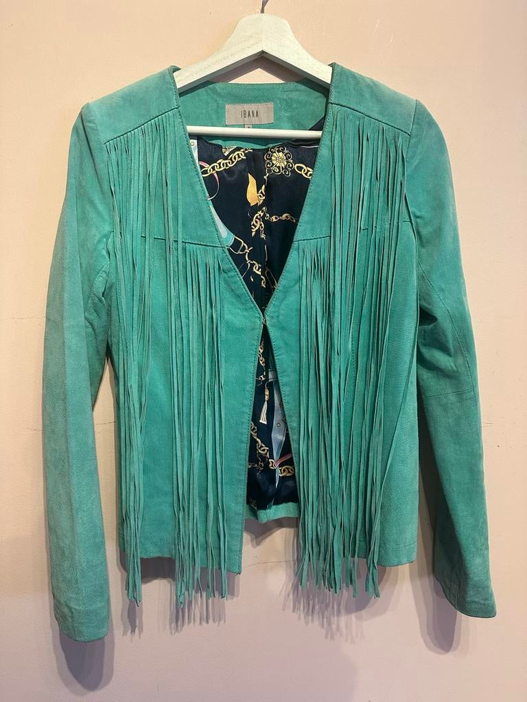 Ibana Leren Jasje Turquoise met Franjes - Maat 36, Kleding | Dames, Jassen | Zomer, Verzenden, Gedragen, Maat 36 (S), Blauw