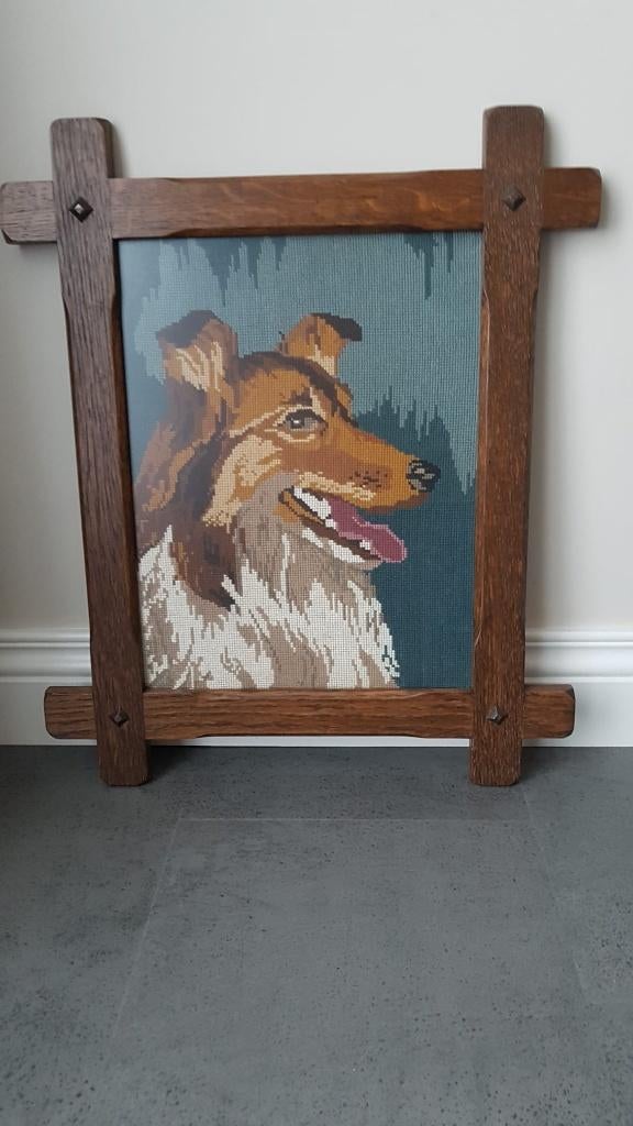 Geborduurd schilderij hond Collie, Minder dan 50 cm, 50 tot 75 cm, Ophalen of Verzenden, Zo goed als nieuw