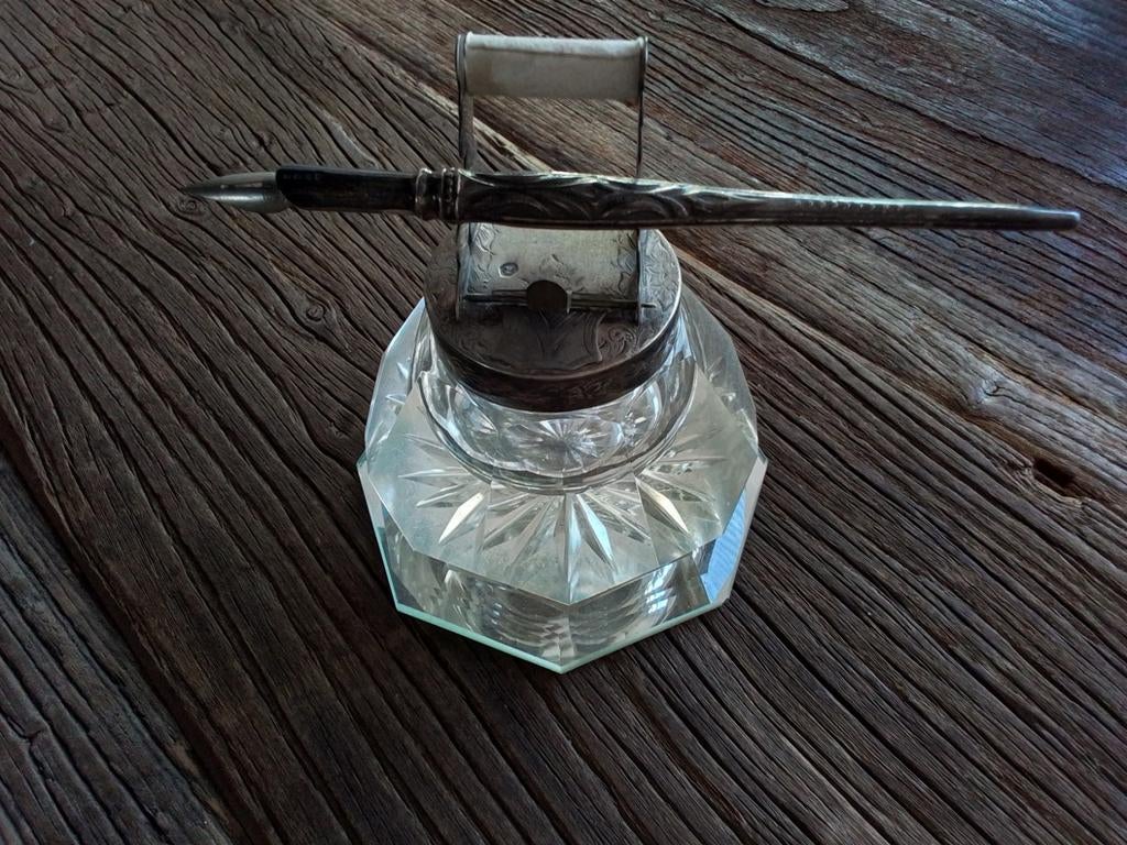 Oude inktpot zilver/kristal, Ophalen of Verzenden, Zilver