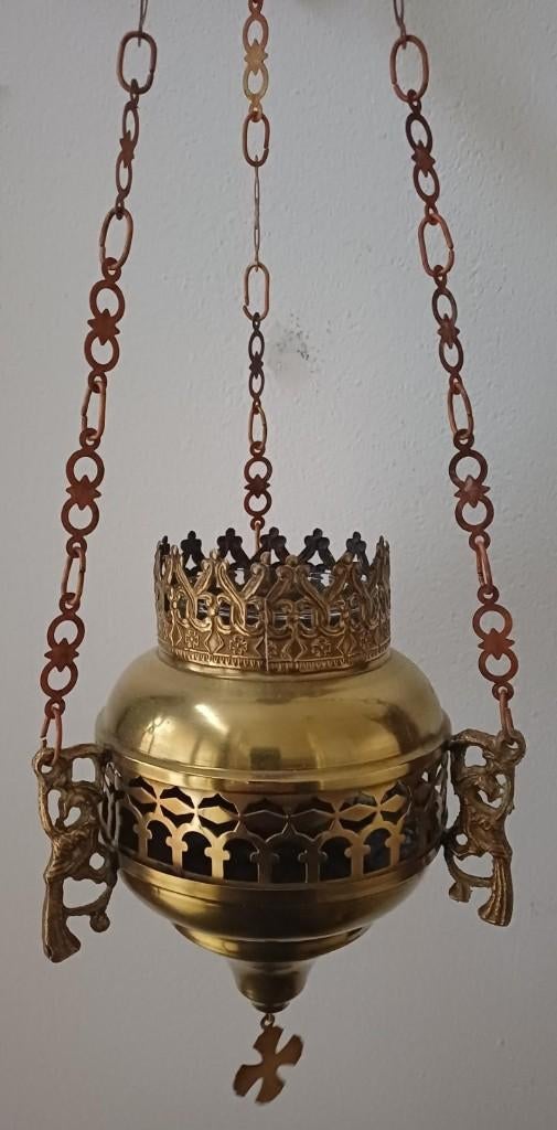 Antiek grote koperen godslamp en blank glaasje, Huis en Inrichting, Lampen | Hanglampen, Ophalen of Verzenden, Gebruikt, Overige materialen