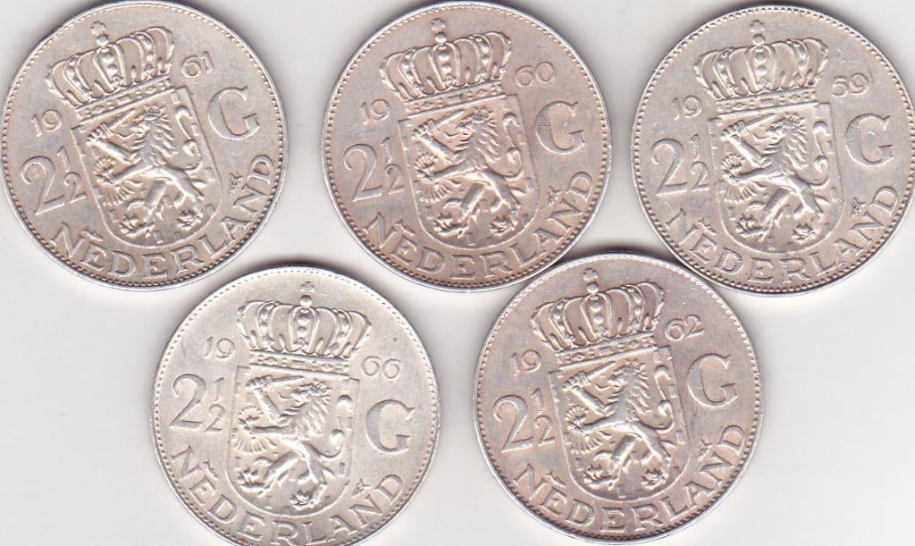 RIJKSDAALDERS 5 STUK JAREN 1959 - 1960 - 1961 - 1962 - 1966, Ophalen of Verzenden, Koningin Juliana, 2½ gulden