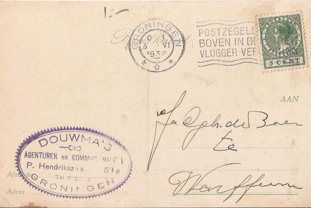GRONINGEN 1932 DOUWMA's Agenturen en Commissiehandel, Verzamelen, Verzenden, 1920 tot 1940, Gelopen, Groningen