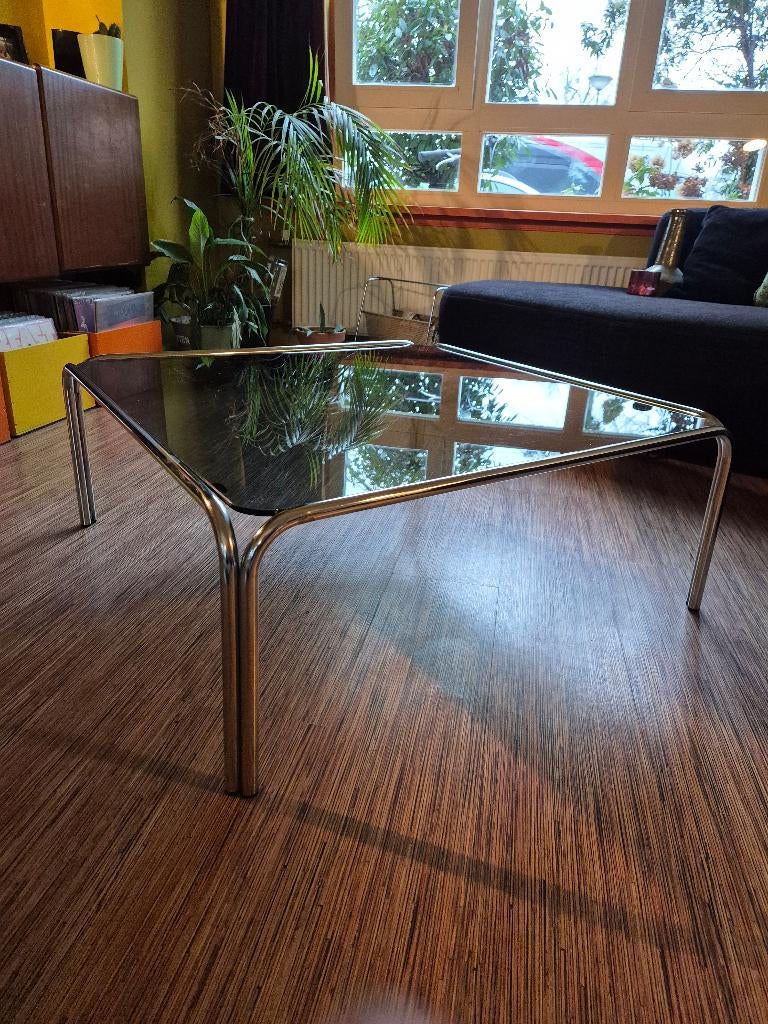 Vintage salontafel, chroom en rookglas. Jaren 70, Huis en Inrichting, Tafels | Salontafels, Ophalen, Gebruikt, 50 tot 100 cm, Spage age, vintage, reyro, seventies