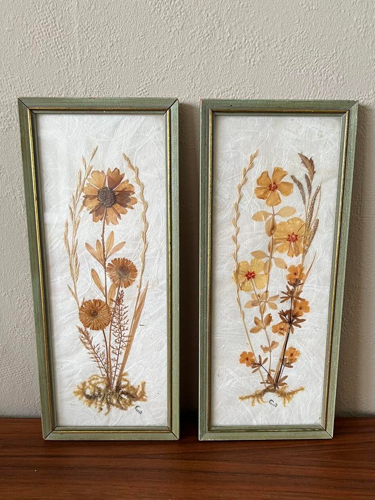 Set van 2 vintage houten lijstjes met droogbloemen retro, Ophalen of Verzenden, Zo goed als nieuw, Minder dan 50 cm, Schilderij