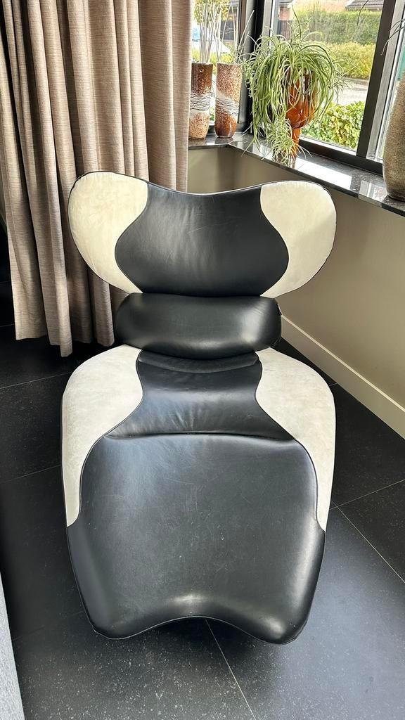 Design stoel zwart leer / wit alcantara 90”s, Ophalen, Zo goed als nieuw, Leer