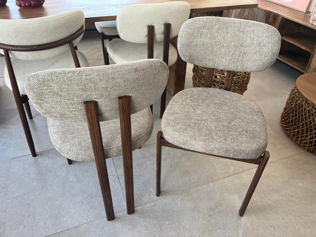 Magazijn Leegverkoop eetstoelen Japandi stof taupe houtlook, Overige kleuren, Nieuw, Ophalen of Verzenden, Argonweg 20 Amersfoort