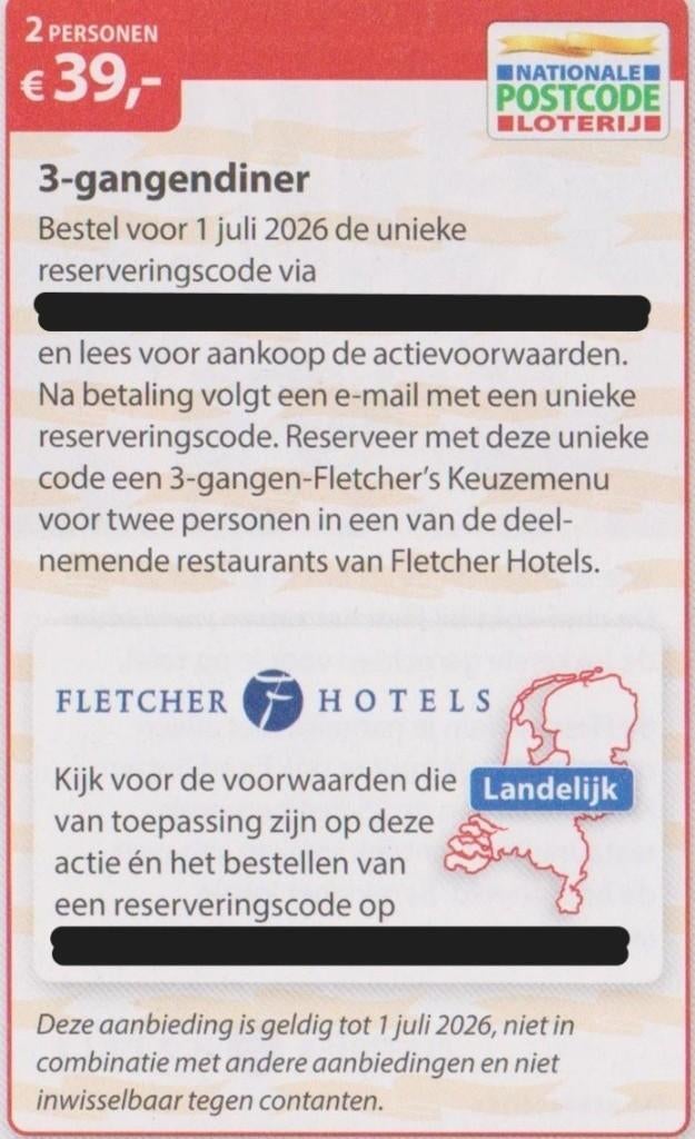 3-gangendiner Fletcher 2 personen € 39,- Postcodeloterij bon, Twee personen, Kortingsbon