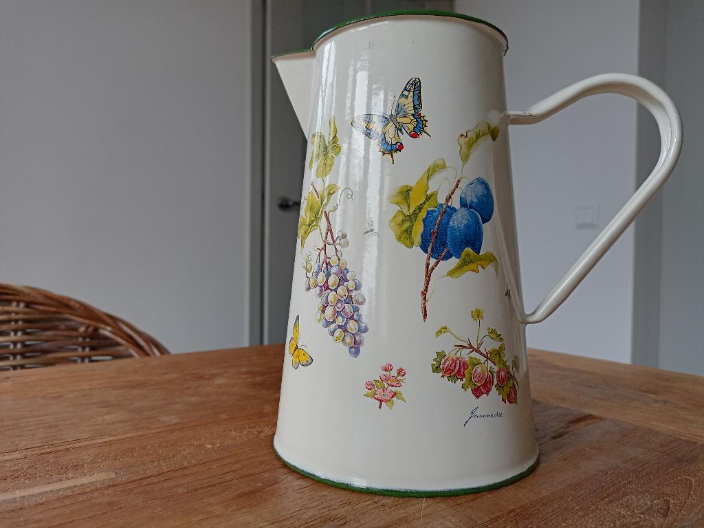 Mooie emaille kan creme/fruit/vlinders/Janneke, Antiek en Kunst, Antiek | Emaille, Ophalen of Verzenden