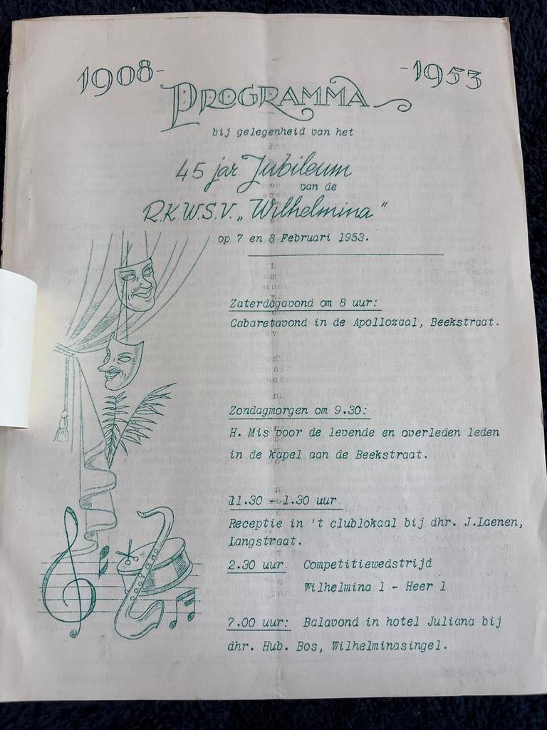 Programma 45-jarig Jubileum R.K.W.S.V. "Wilhelmina" 1953, Ophalen of Verzenden