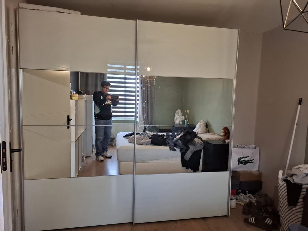 Twee kastdeuren met spiegel en rails, Ophalen, Gebruikt, 100 tot 150 cm, 200 cm of meer