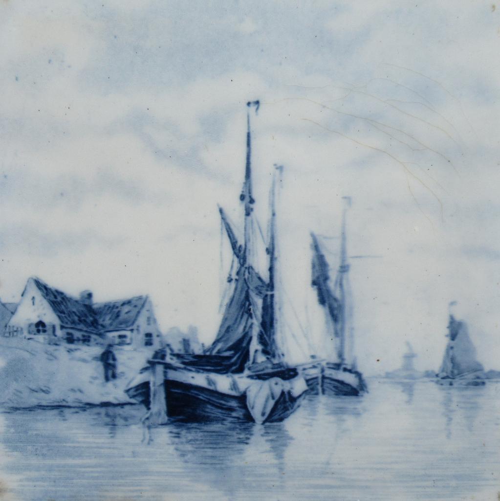 Oude tegel met twee aangemeerde tjalken, Antiek en Kunst, Ophalen of Verzenden