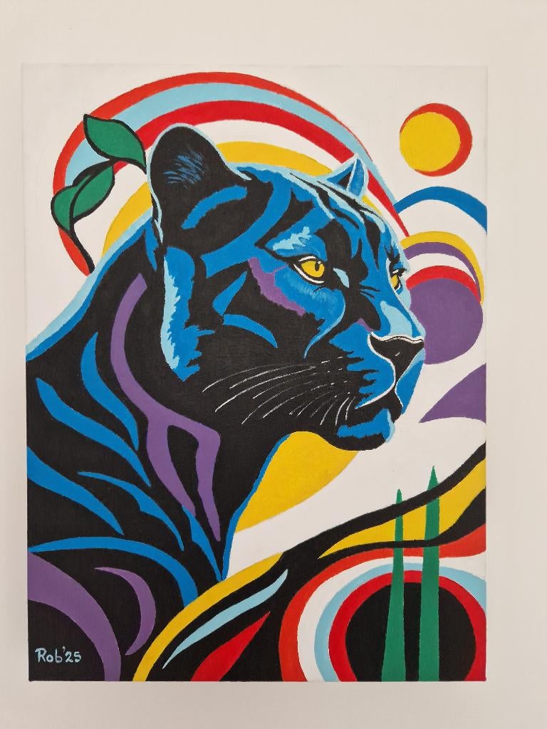 Zwarte panter zelf geschilderd op doek met acryl, Ophalen