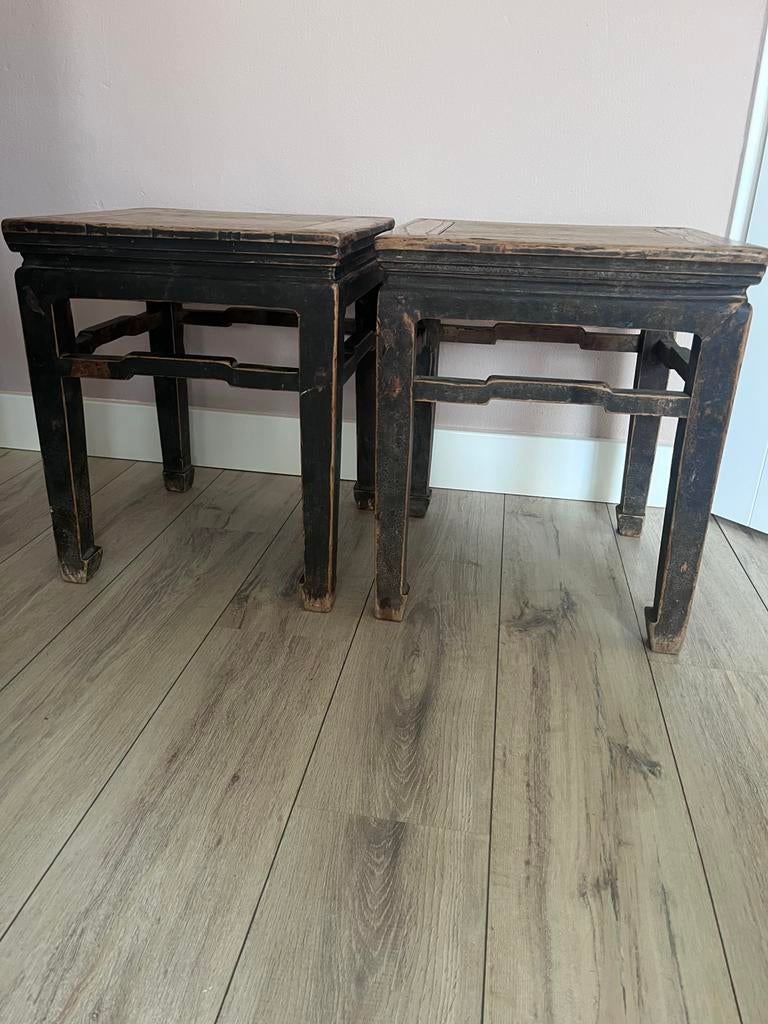 Twee Authentieke Chinese salontafeltjes, Minder dan 55 cm, Gebruikt, Antiek/ Industrieel, Vierkant