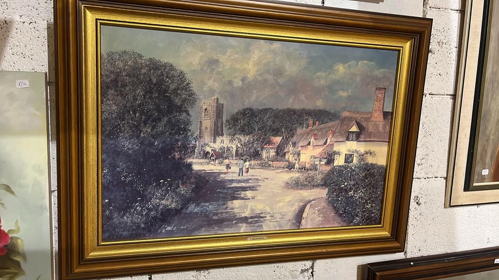 Schilderij C. Madgwick - Dorpsgezicht met kerk, Antiek en Kunst, Kunst | Schilderijen | Klassiek, Ophalen