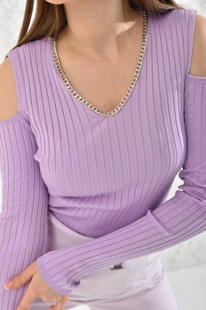 Geribde top met schouderuitsparingen en ketting, Turkije, Paars, Ophalen of Verzenden, Maat 36 (S), Onbekend