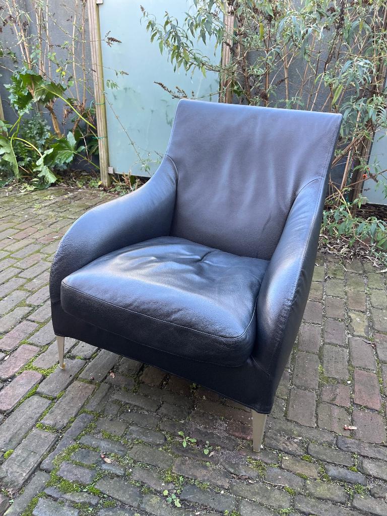 B&B Italia Maxalto fauteuil Florence Zwart leer zgan, Ophalen, Klassiek Tijdloos Loungen Vintage Design Icon, 75 tot 100 cm, Leer