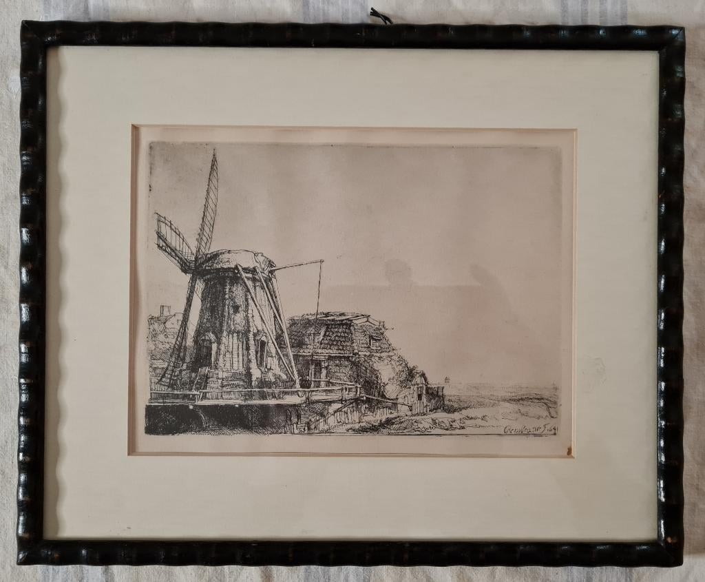 Reproductie Ets Rembrandt "De Windmolen" (1641) ingelijst, Ingelijst, Overige technieken, Landschap, 1600 - 1699