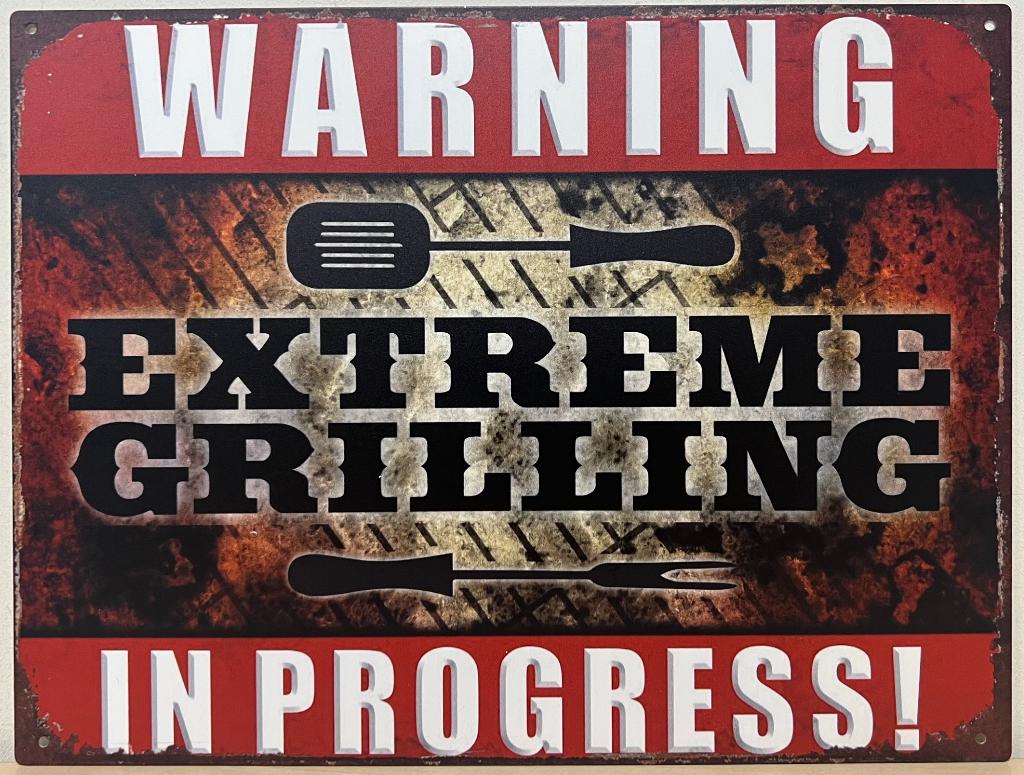 Warning Extreme Grilling BBQ reclamebord van metaal wandbord, Info@deconoord.nl, Deco Noord, Nieuw, Ophalen of Verzenden