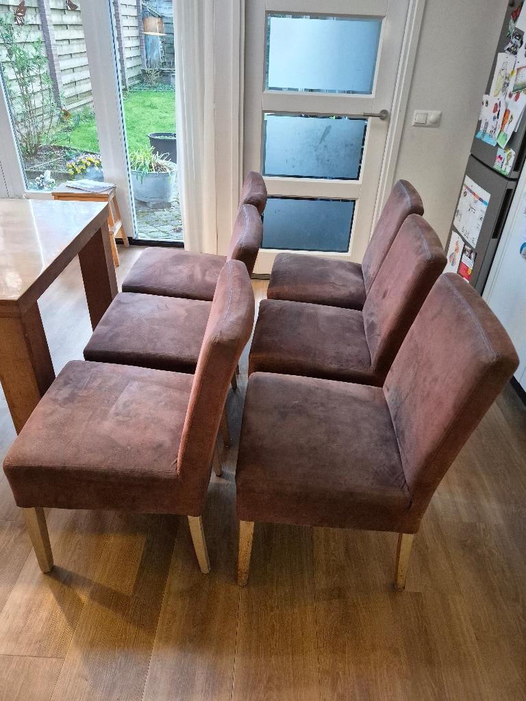 6 eetkamerstoelen bruin, Ophalen, Gebruikt, Bruin, Stof