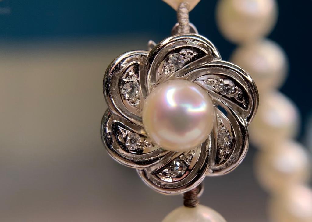 585 witgoud met diamant Akoya parelcollier vintage. Parels, Sieraden, Tassen en Uiterlijk, Antieke sieraden, Ophalen of Verzenden