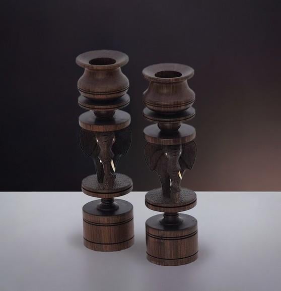 Vintage 2 Afrikaanse Ebbenhouten Olifant Kandelaars | 00254, Verzenden