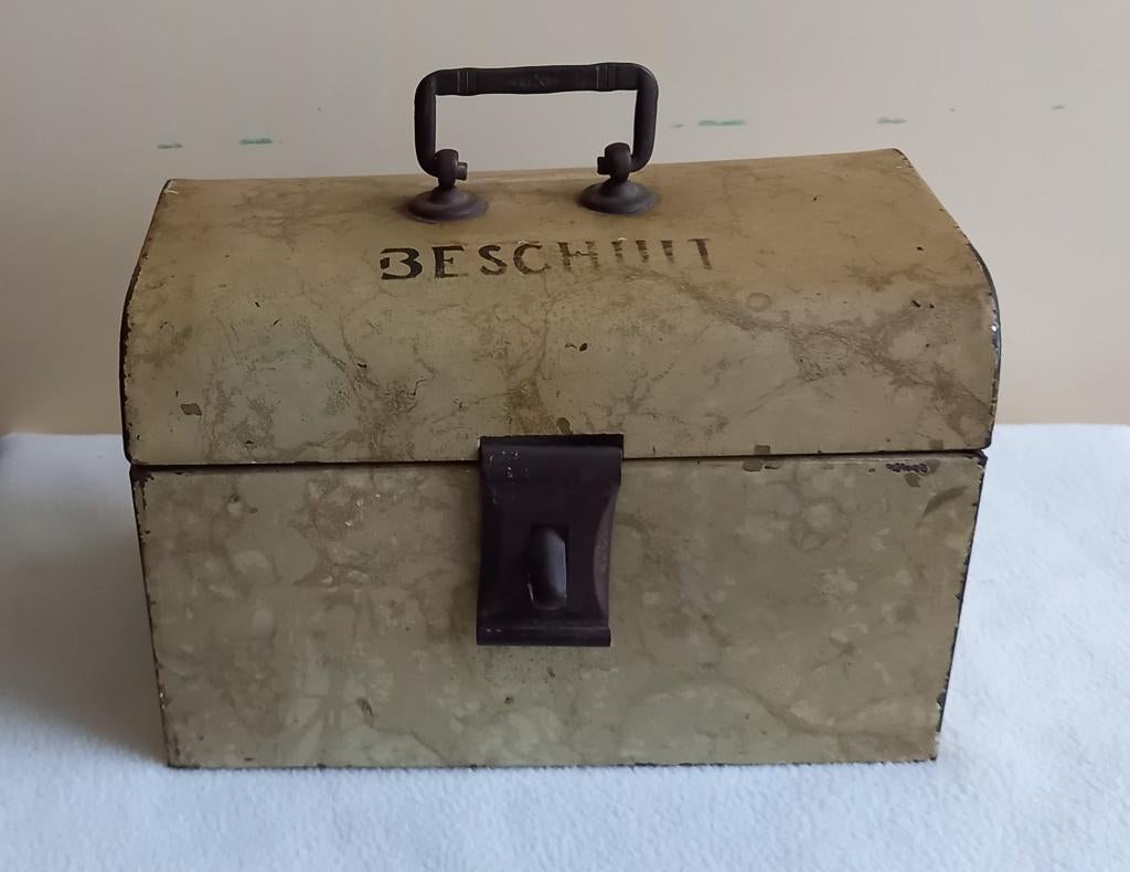 Beschuitblik Trommel van blik (ca. 1890-1910), Verzamelen, Verzenden, Gebruikt, Beschuit