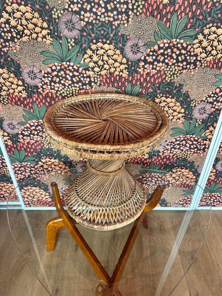 vintage rotan bijzettafel jaren 70, Minder dan 55 cm, Rond, Zo goed als nieuw, Hout