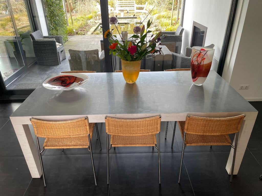 LABEL eettafel 210x100 en salontafel 100x100 met zinken blad, Huis en Inrichting, Tafels | Eettafels, Gebruikt, 200 cm of meer