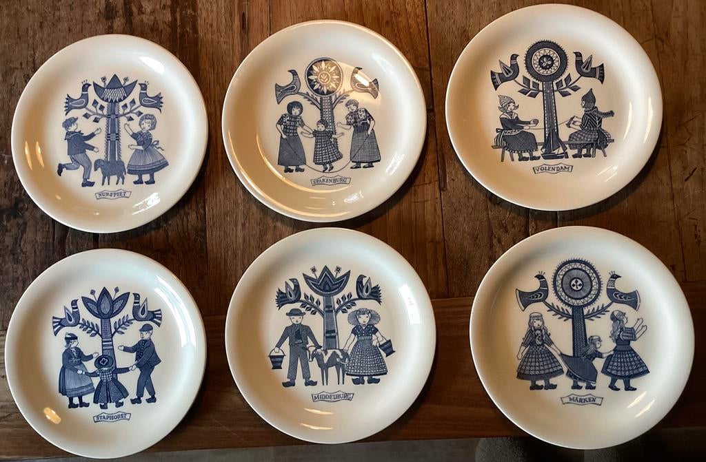 Royal Sphinx 6 ontbijtbordjes klederdracht vintage wit blauw, Gebruikt, Ophalen of Verzenden, Bord(en), Overige stijlen