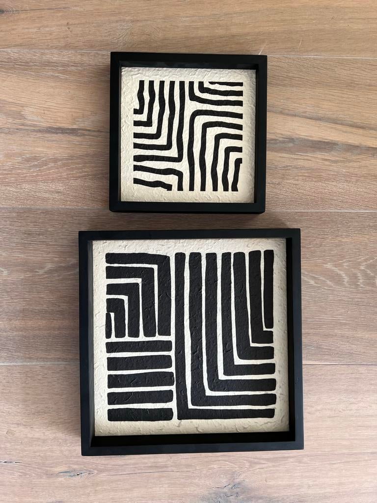 Set van 2 abstracte schilderijen in zwart-wit, Antiek en Kunst, Ophalen