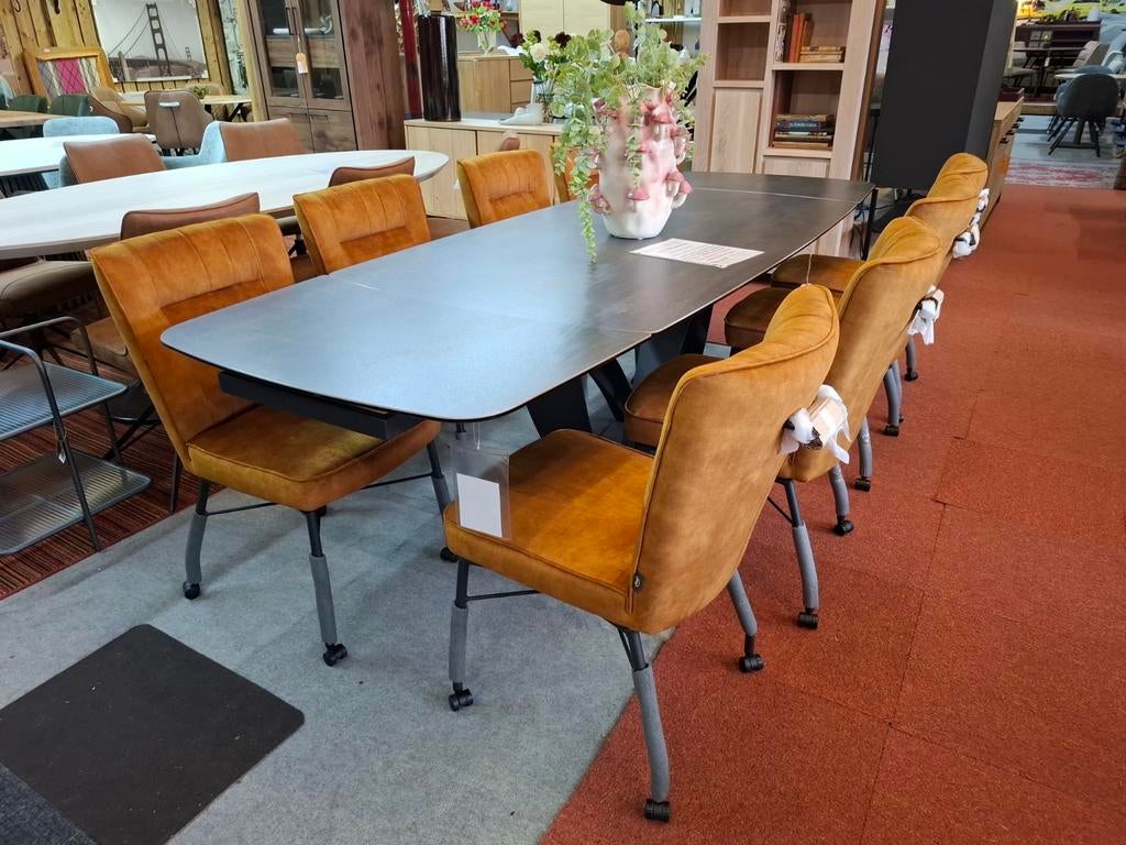 8 Nieuwe stoelen, Oker, wielen en greep + Pocketvering Olvi, Ophalen, Overige kleuren, Nieuw, Stof