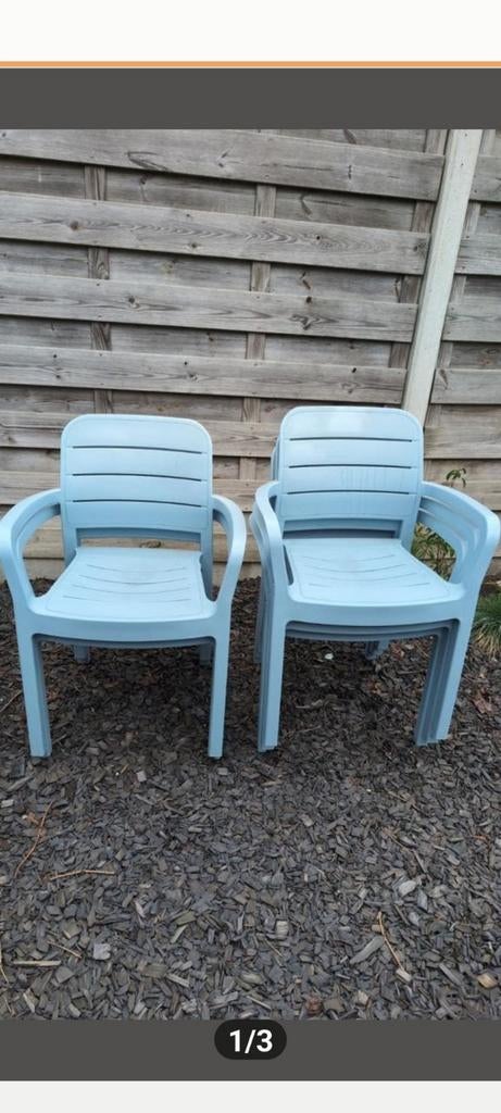 5 blauwe terrasstoelen van allibert, Ophalen, Gebruikt, Kunststof, Stapelbaar