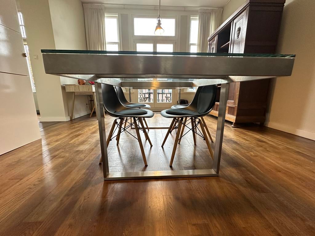 RVS tafel met glazen blad (230x85cm) - Goede staat, Huis en Inrichting, Tafels | Eettafels, Ophalen, 200 cm of meer, 50 tot 100 cm