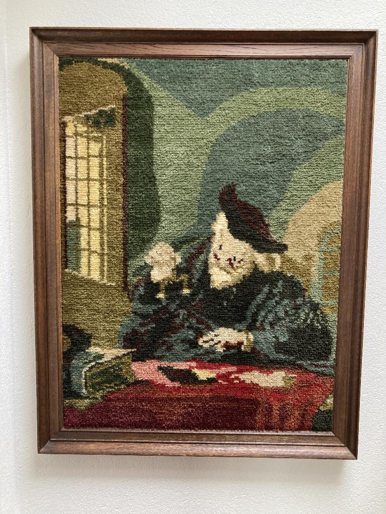 Te koop geborduurd schilderij de goudweger., Antiek en Kunst, Ophalen