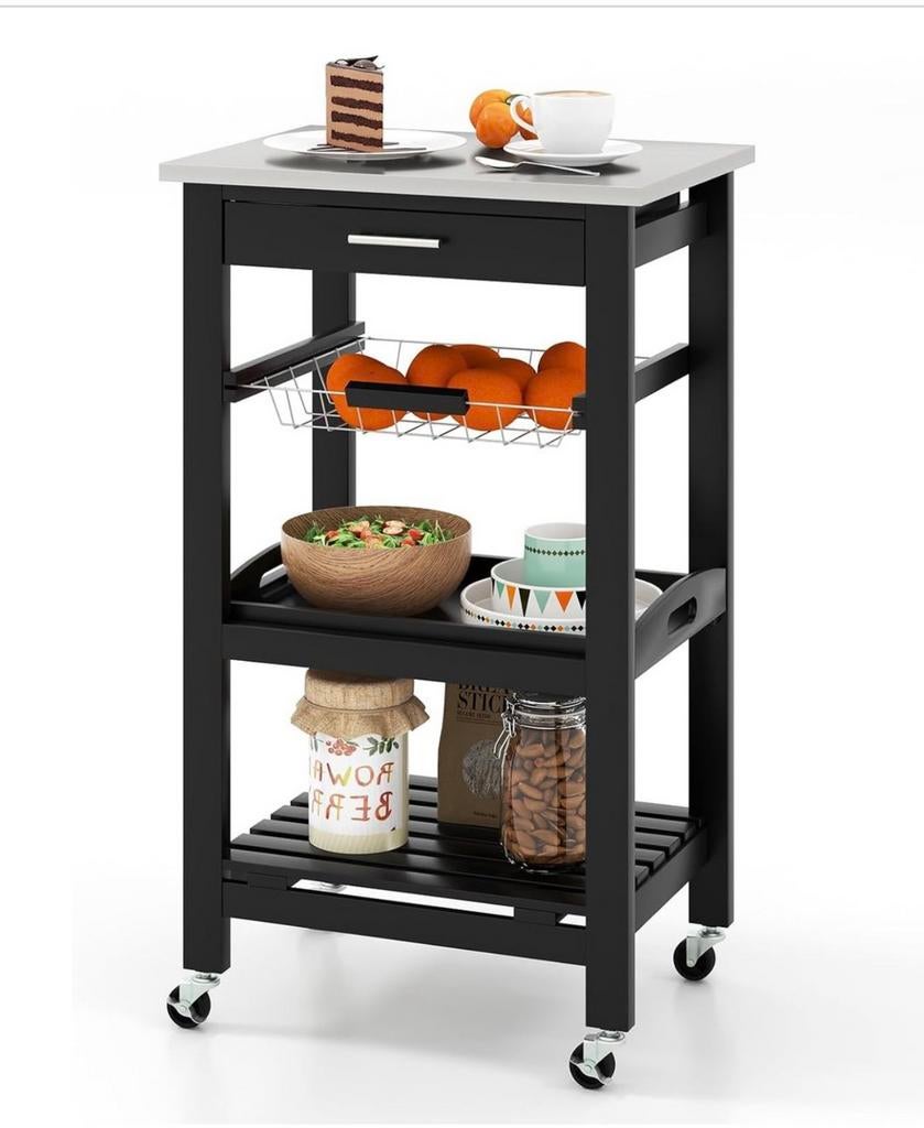 Keukentrolley Zwart/RVS met lade en planken (Z.g.a.n), Ophalen, Zo goed als nieuw