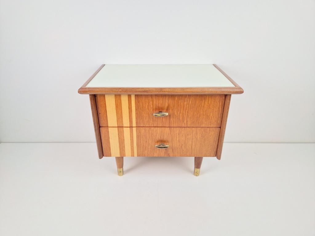 Vintage Nachtkastje Teak formica messing ’60 retro, Minder dan 45 cm, N, N, Hout