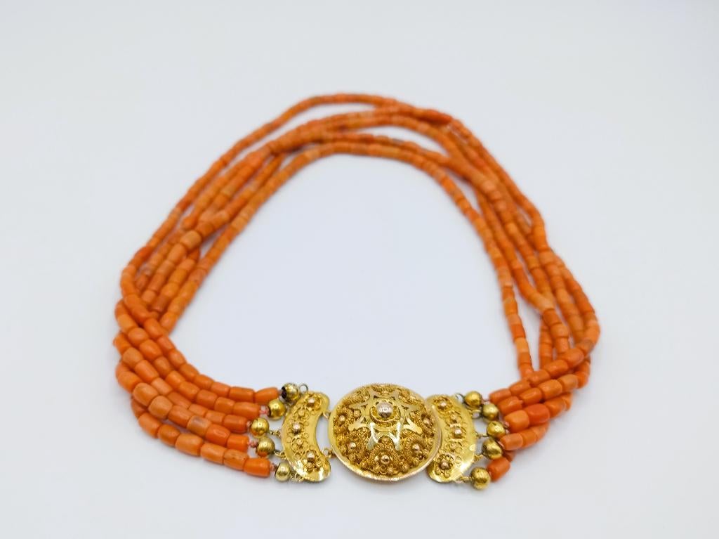 Antieke bloedkoralen ketting met gouden slot, 41-48 cm, Sieraden, Tassen en Uiterlijk, Antieke sieraden, Verzenden, Goud, Ketting