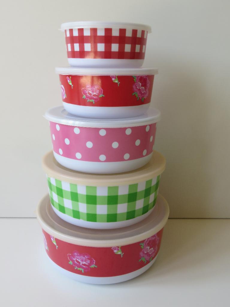 nest van 5 ronde koektrommels vershouddozen bont gekleurd, Ophalen of Verzenden, Zo goed als nieuw