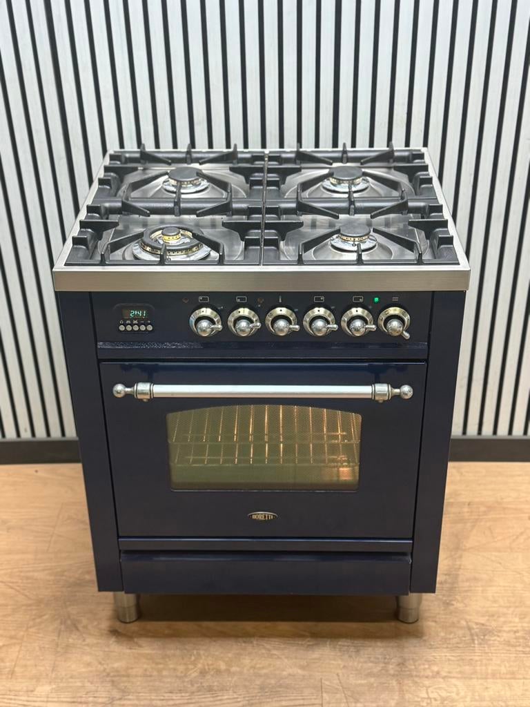 Luxe Blauwe Boretti Fornuis 4 pits 70x60 cm, Witgoed en Apparatuur, Fornuizen, Zo goed als nieuw, Vrijstaand, Gas, 4 kookzones