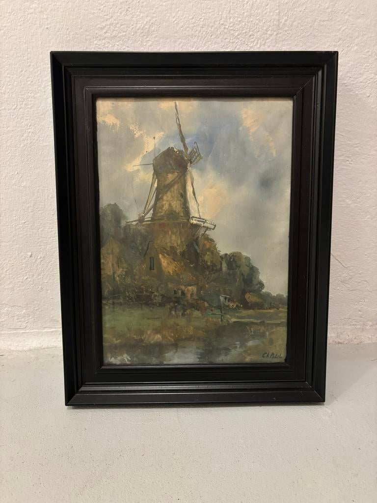 Schilderij met molen CH. Petit, Ophalen of Verzenden
