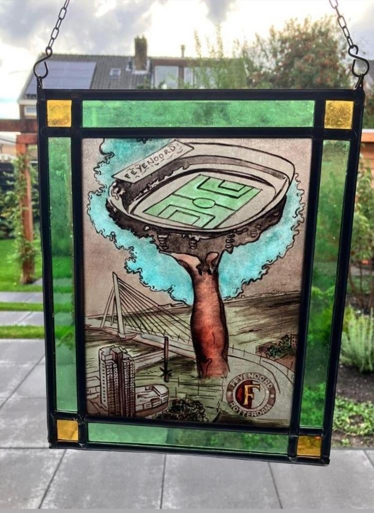 Uniek glas in lood kunstwerk Feyenoord met erasmusbrug, Ophalen, Gebruikt, Feyenoord, Overige typen