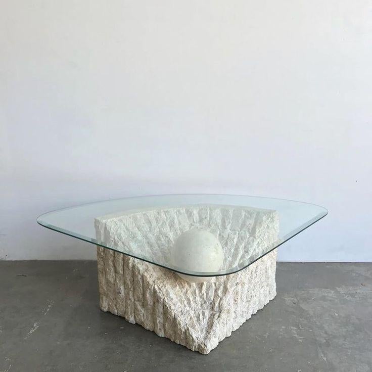 Vintage mactanstone salontafel glas met bol travertin, Huis en Inrichting, Ophalen, Gebruikt, 100 tot 150 cm, 50 tot 100 cm