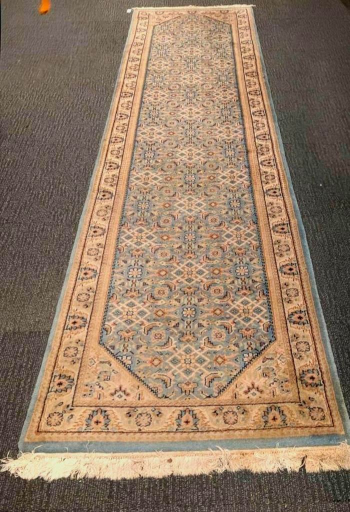 Prachtige lange loper vloerkleed Perzisch tapijt blauw, Ophalen, Gebruikt, Blauw, Vintage