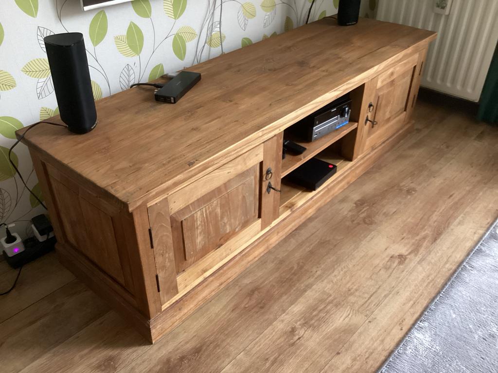 Massief Teakhouten TV Meubel - Gebruikt, Huis en Inrichting, Kasten | Televisiemeubels, Ophalen, Gebruikt, 150 tot 200 cm, Teakhout