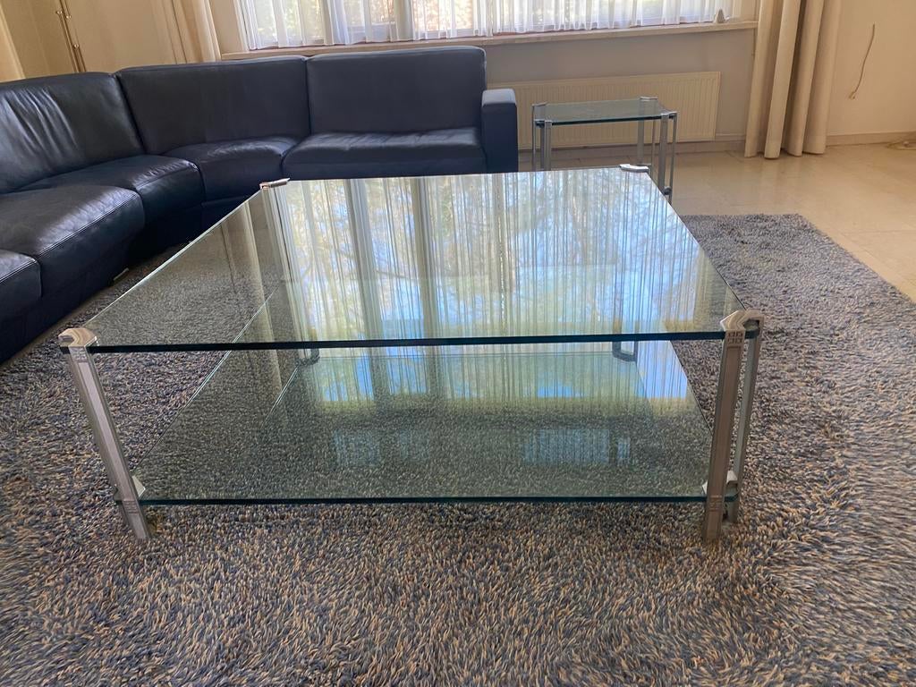 Vintage glazen design koffietafel Peter Ghyczy T24 vierkant, Huis en Inrichting, Tafels | Salontafels, Ophalen, Gebruikt, Vierkant