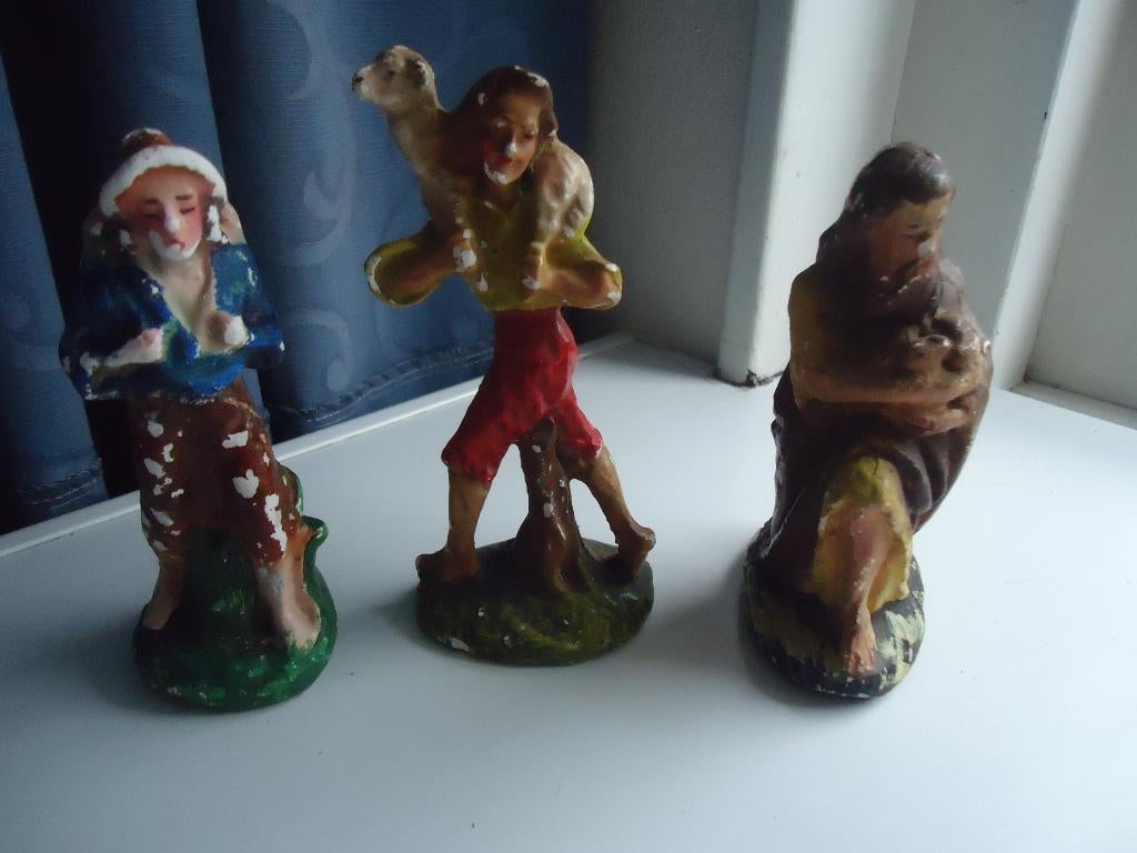 Drie mooie oude gipsen Kerst Beeldjes., Ophalen of Verzenden