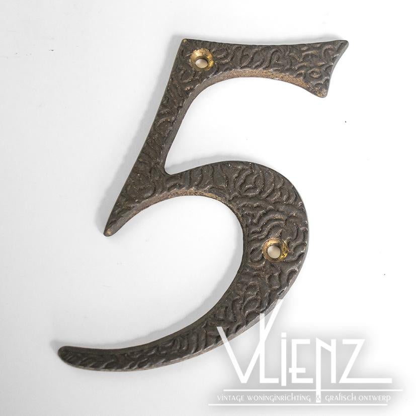 Vintage, retro huisnummer 5, nummer vijf messing of koper, Gebruikt, -, -, Ophalen of Verzenden